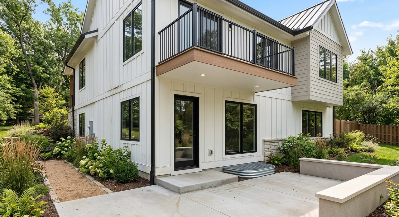 Lower-level glass door beneath a wood deck, bordered by a stone wall, patio, and mature garden plants.