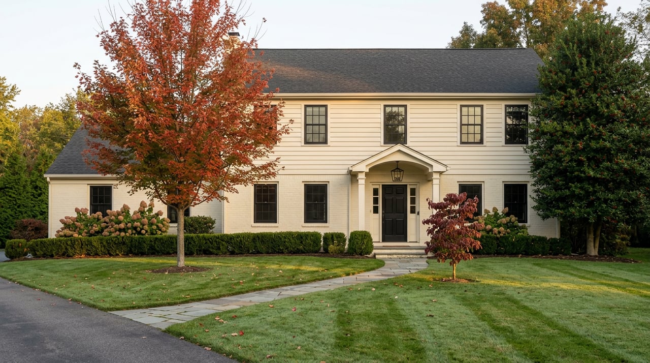 Symmetrical two-story house with a central covered entry, red-orange maple, curving stone walkway, and broad lawn.