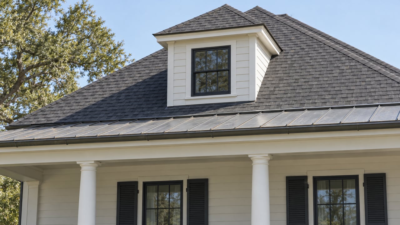 Close exterior view of a light-painted home with a charcoal shingle roof, glazed dormer, metal-roofed gallery and mature live oak crown.