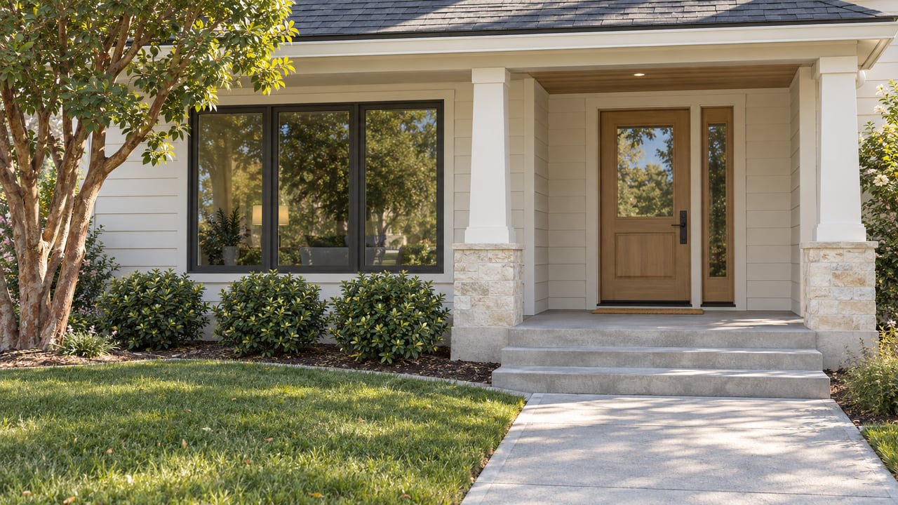 Cream-sided home with a recessed oak entry, limestone porch bases, concrete approach, green lawn, and sculptural garden tree in morning light.