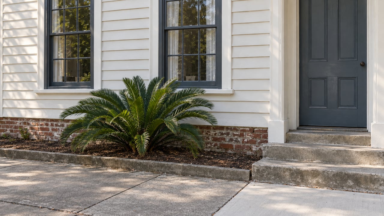 White clapboard house with a blue-gray door, tall sash windows, coontie, and mismatched sidewalk panels.