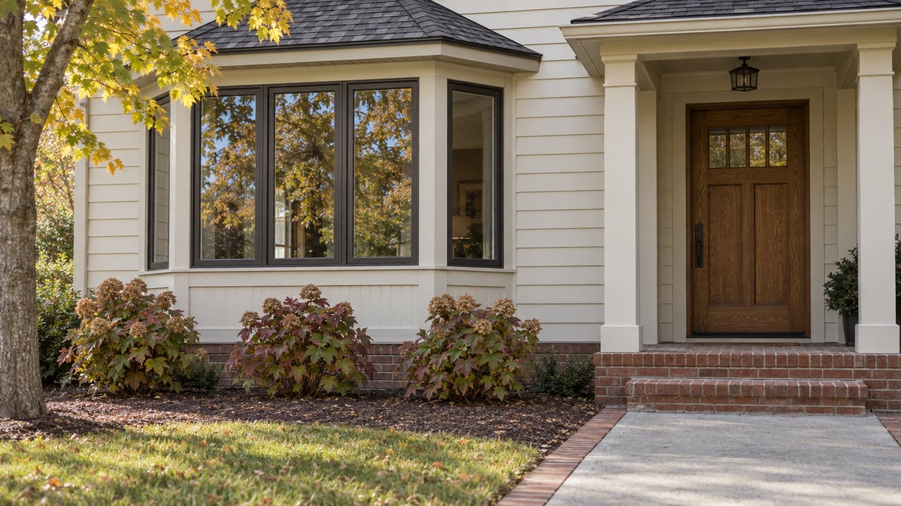 Ivory-sided home with bronze-framed bay windows, a recessed oak entry, brick steps and autumn oakleaf hydrangeas.