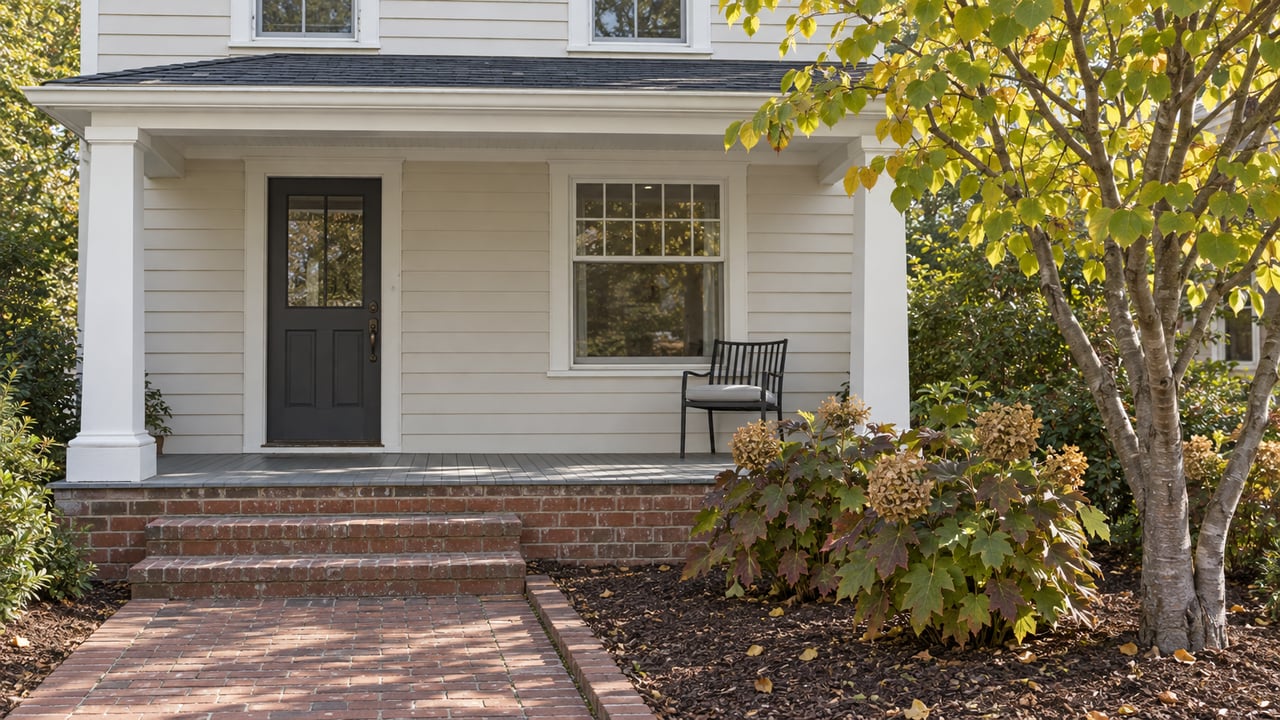 Painted clapboard home with a covered porch, brick steps and path, and autumn redbud and oakleaf hydrangea planting.