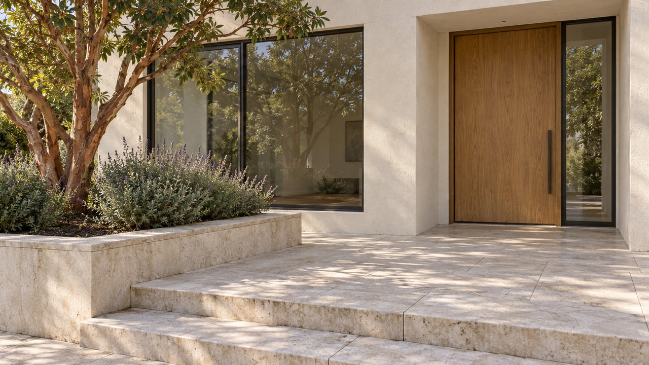 Modern home entrance with a tall wood door, stone steps, and a landscaped planter.