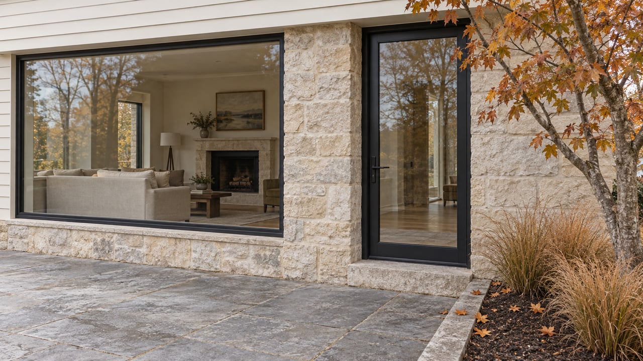 Cream-clapboard waterfront home with black-framed glazing, limestone masonry and a bluestone terrace beside autumn planting.