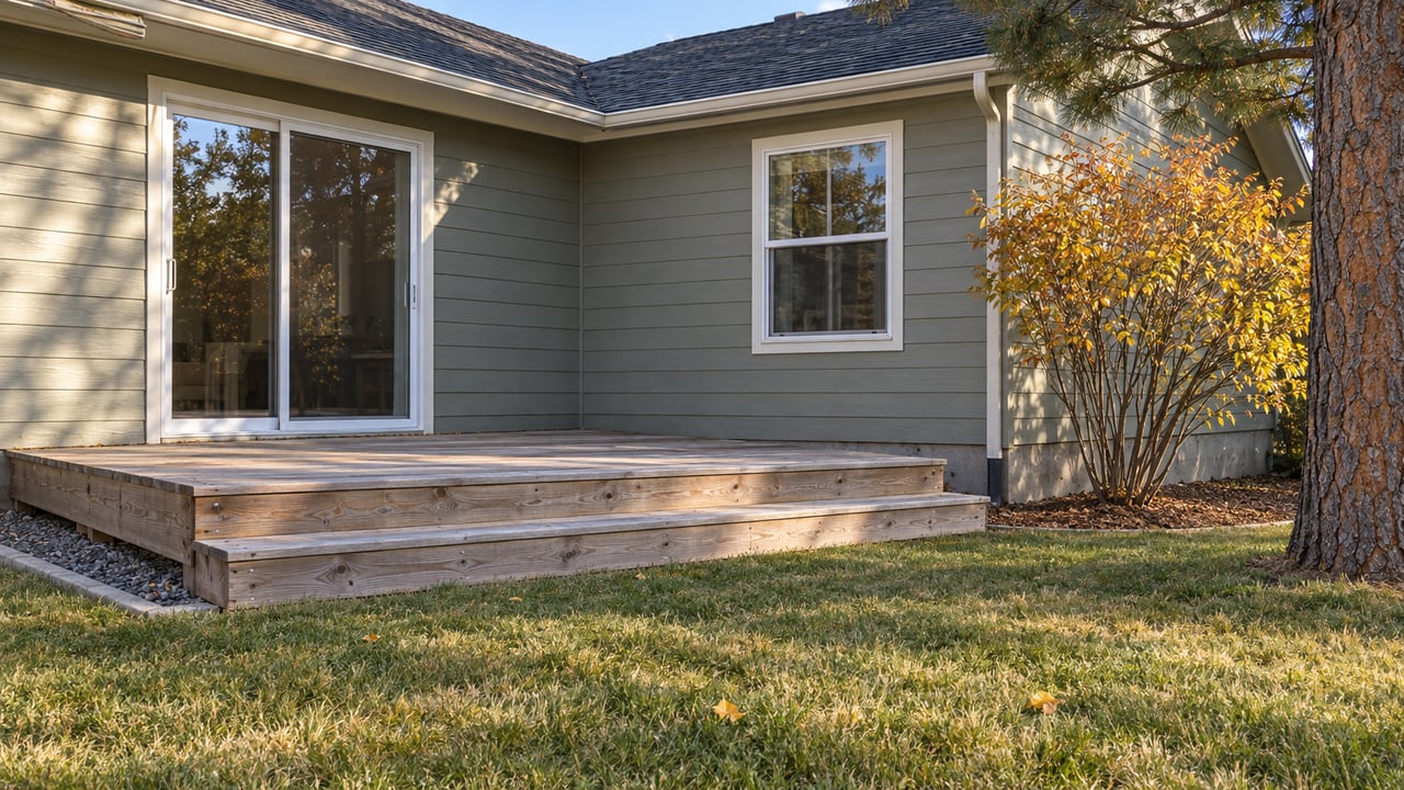 Gray-green single-story home with a weathered cedar deck, broad steps, autumn serviceberry and a mature pine beside a lived-in lawn.