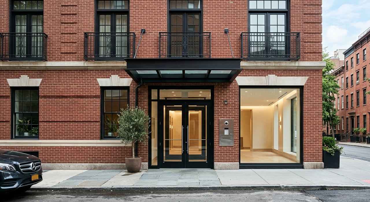Brick condo entrance beneath a black steel canopy, flanked by planters and a warm wall sconce.