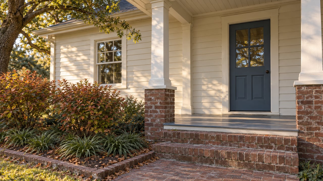 Off-white clapboard house with a slate-blue door, brick steps, and rust-colored shrubs beneath an oak canopy.