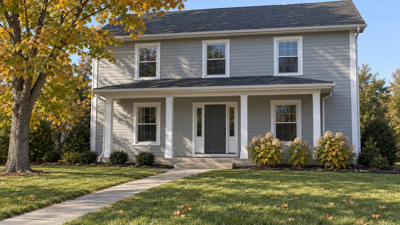 Gray two-story gabled home with white porch columns, a deep lawn and an amber sugar maple in soft autumn morning light.