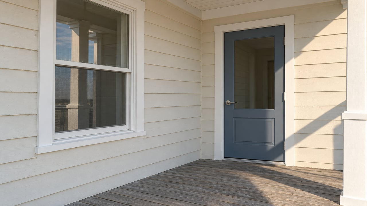 Warm afternoon light across a raised cottage porch with ivory siding, a slate-blue glazed door and weathered gray decking.
