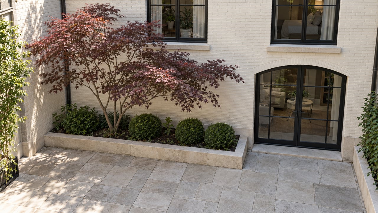 Residential courtyard with a sculptural Japanese maple, three boxwood mounds, and a glazed arched entry.