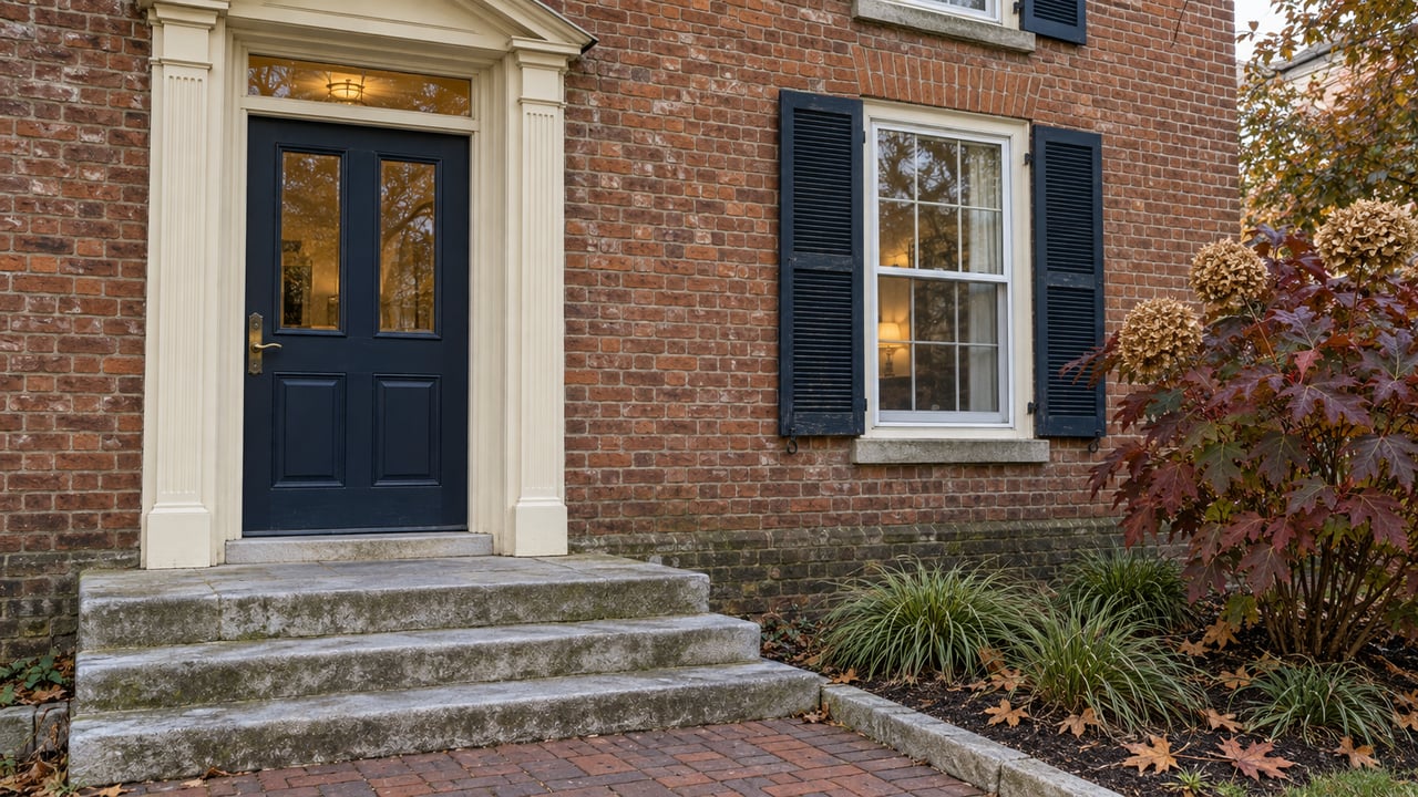 Brick home entrance with an ink-blue door, limestone steps, paired window shutters and burgundy oakleaf hydrangea.
