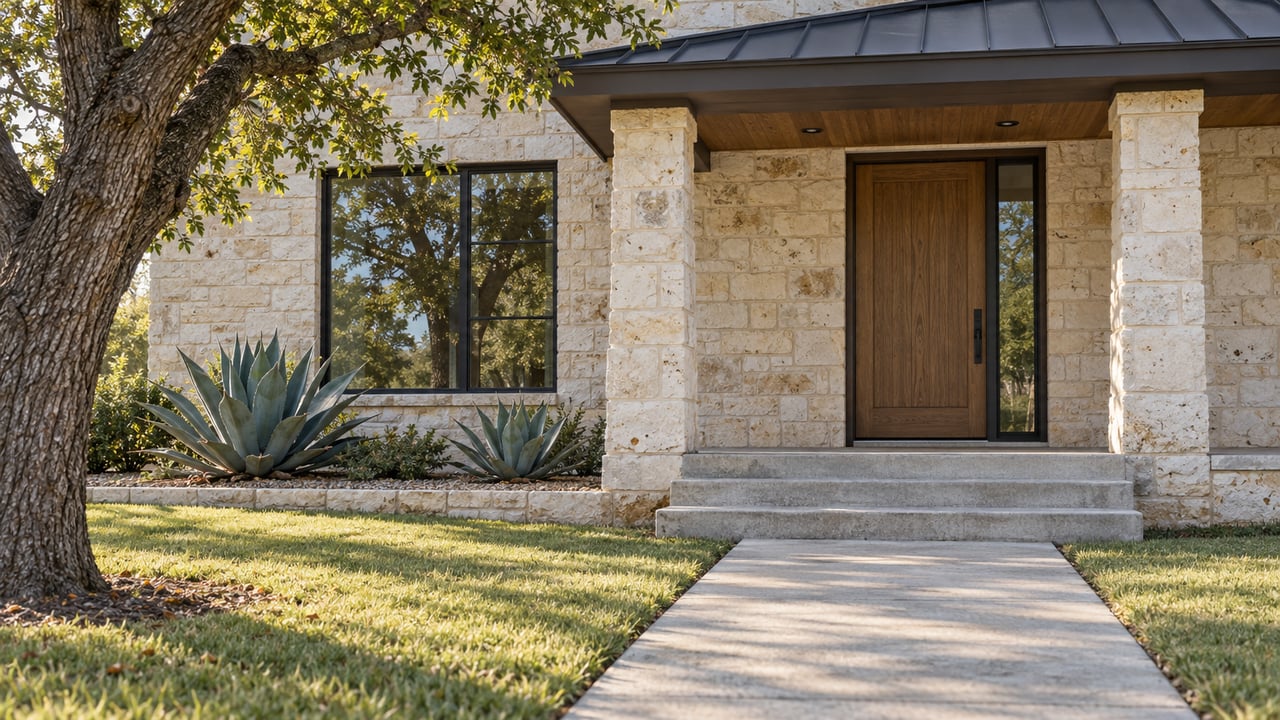 Limestone home entry with a covered porch, black-framed glazing, weathered concrete steps, a mature live oak and two sculptural agaves.