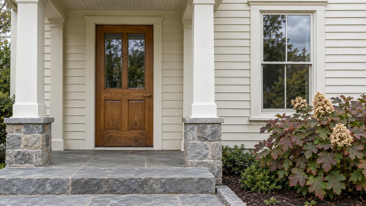 Ivory clapboard entry with an oak glazed door, square porch posts, a bluestone step and oakleaf hydrangea.