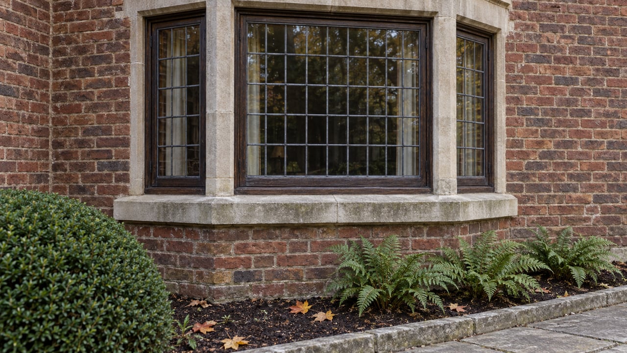 Leaded-glass bay window in reddish-brown brick with a limestone sill above clipped yew and evergreen ferns.