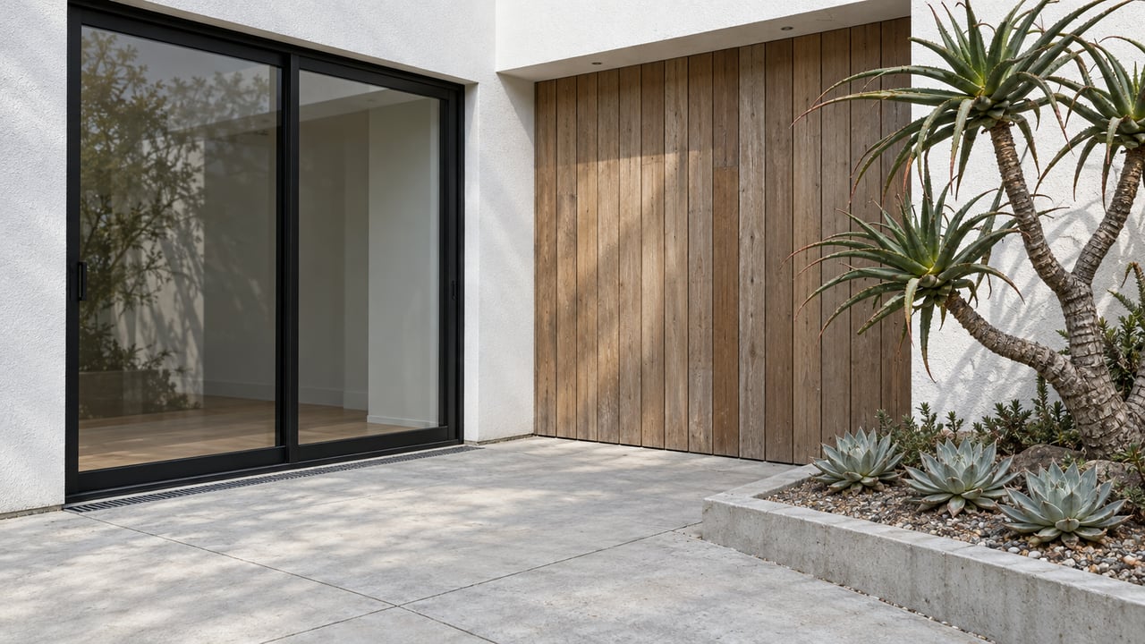 White stucco and weathered timber frame a closed black sliding door beside a pale concrete terrace and sculptural aloe planting.