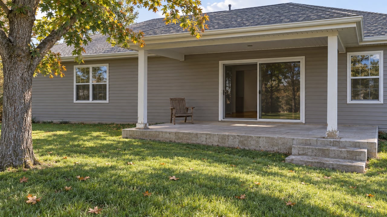 A gray-sided single-story home with a covered concrete patio, closed glass doors, and a broad autumn lawn beside a mature white oak.