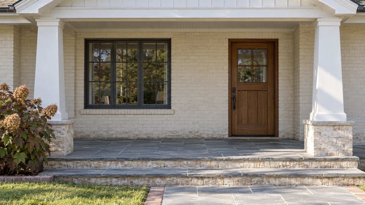Cream brick home entry with an oak door, divided-light window, slate steps, and oakleaf hydrangea in autumn color.