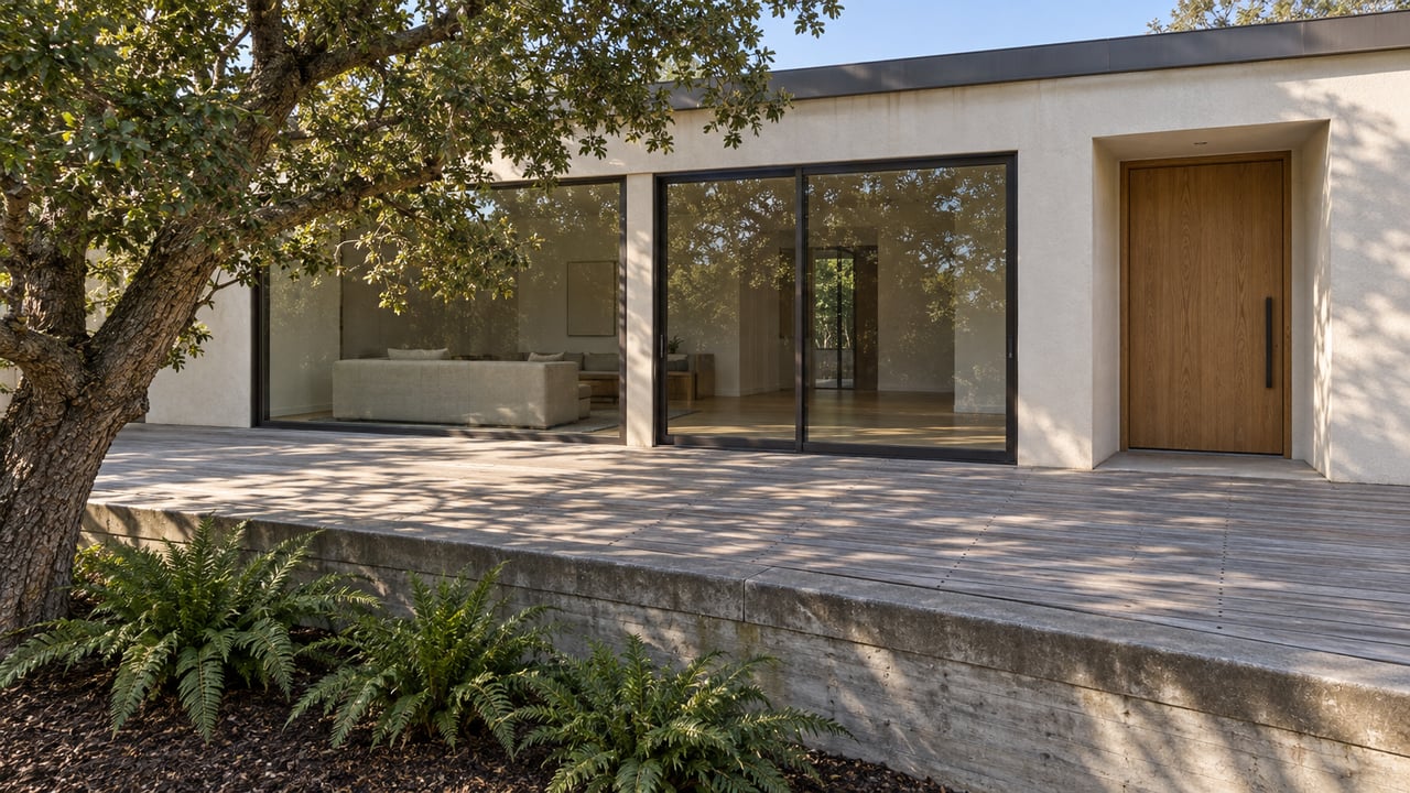 Morning light on a contemporary home's glazed facade and weathered cedar terrace above a concrete-bordered garden with an oak and three ferns.