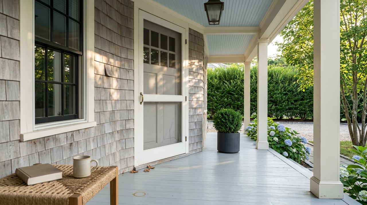 Covered porch with an ivory screen door, weathered cedar shingles, blue hydrangeas, and a teak side table.