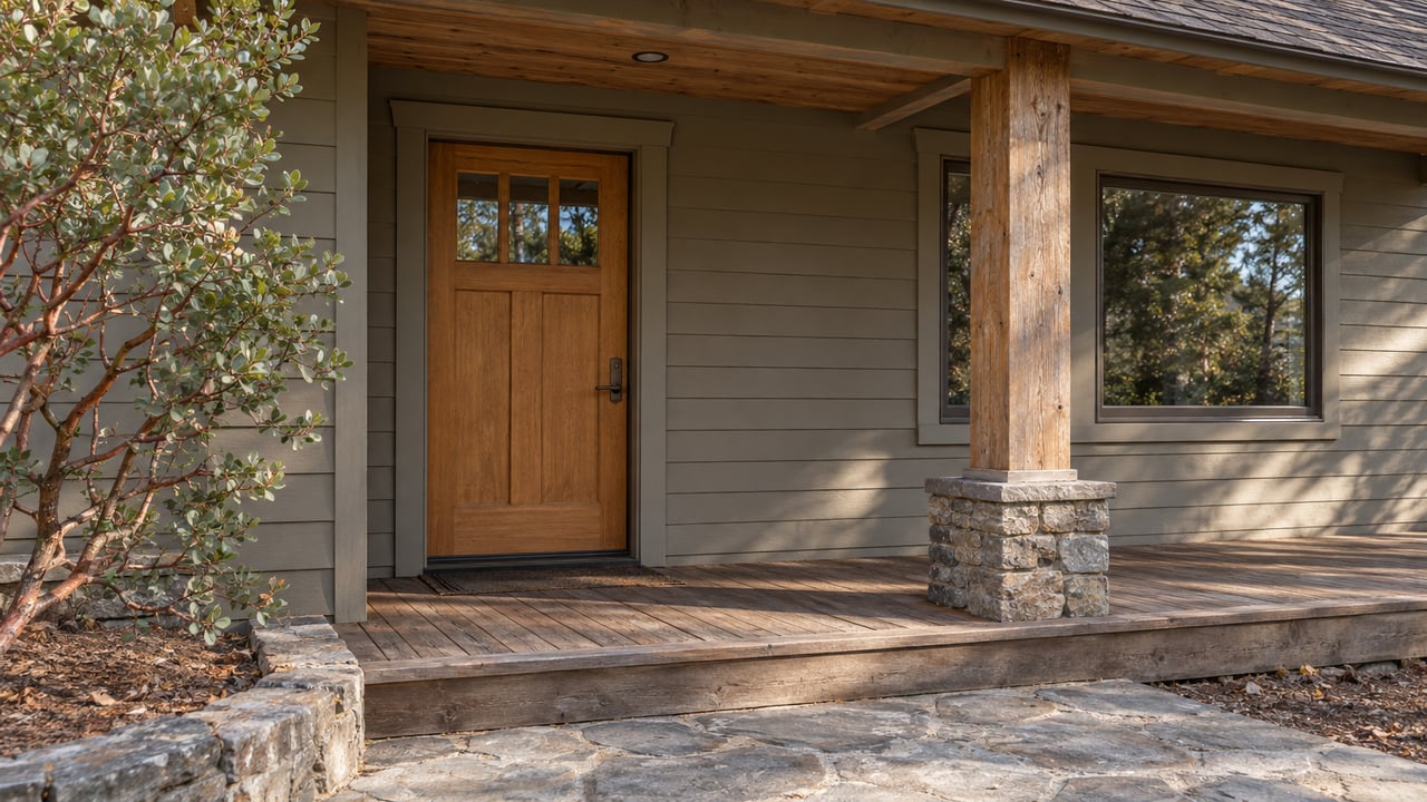 Covered timber entrance with a glazed wood door, weathered cedar porch, stone landing and red-branched manzanita.