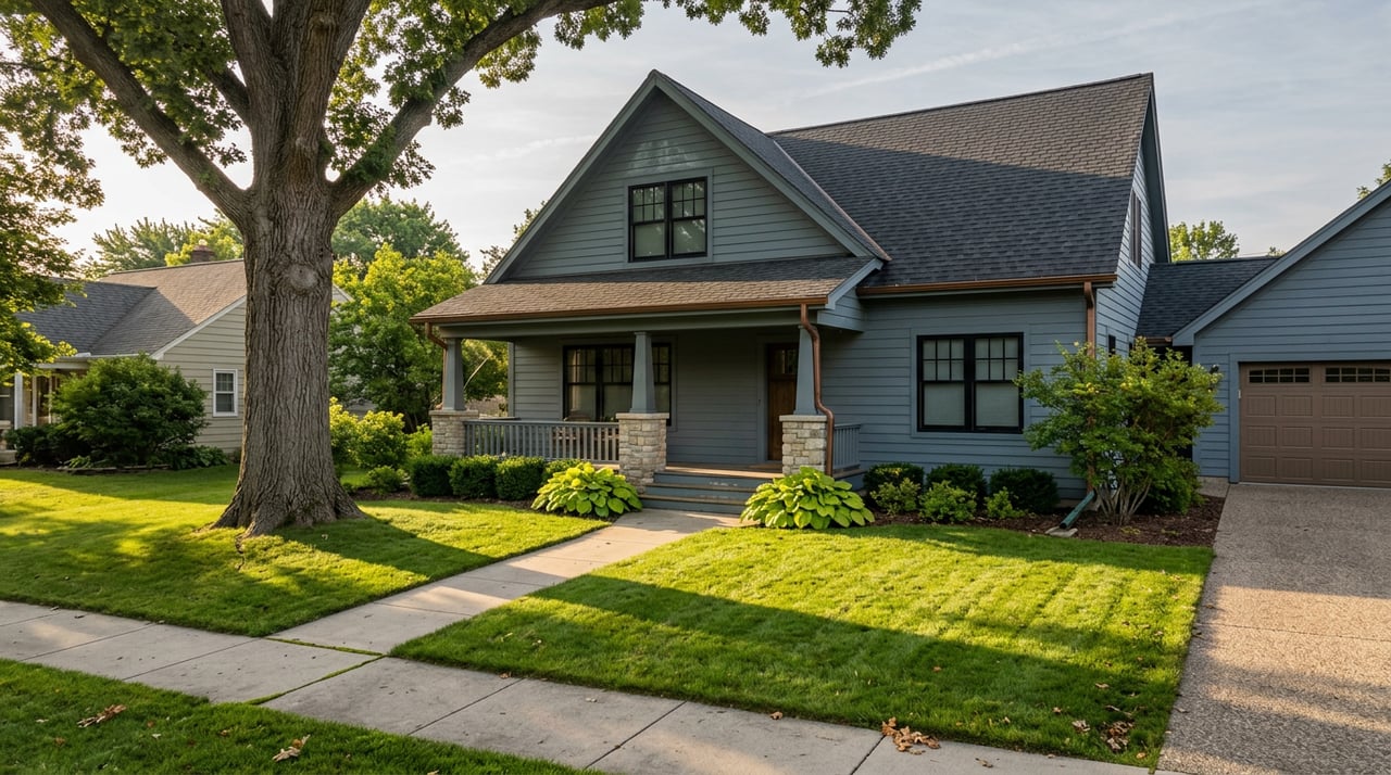 Slate-blue gabled home behind a broad oak, its raised roots lifting a sidewalk beside a deep front lawn.
