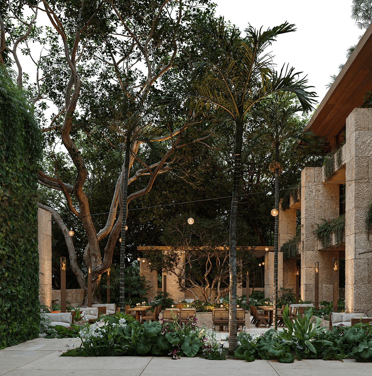 Ziggurat courtyard with tropical trees, stone architecture, outdoor dining tables, and lush garden beds.