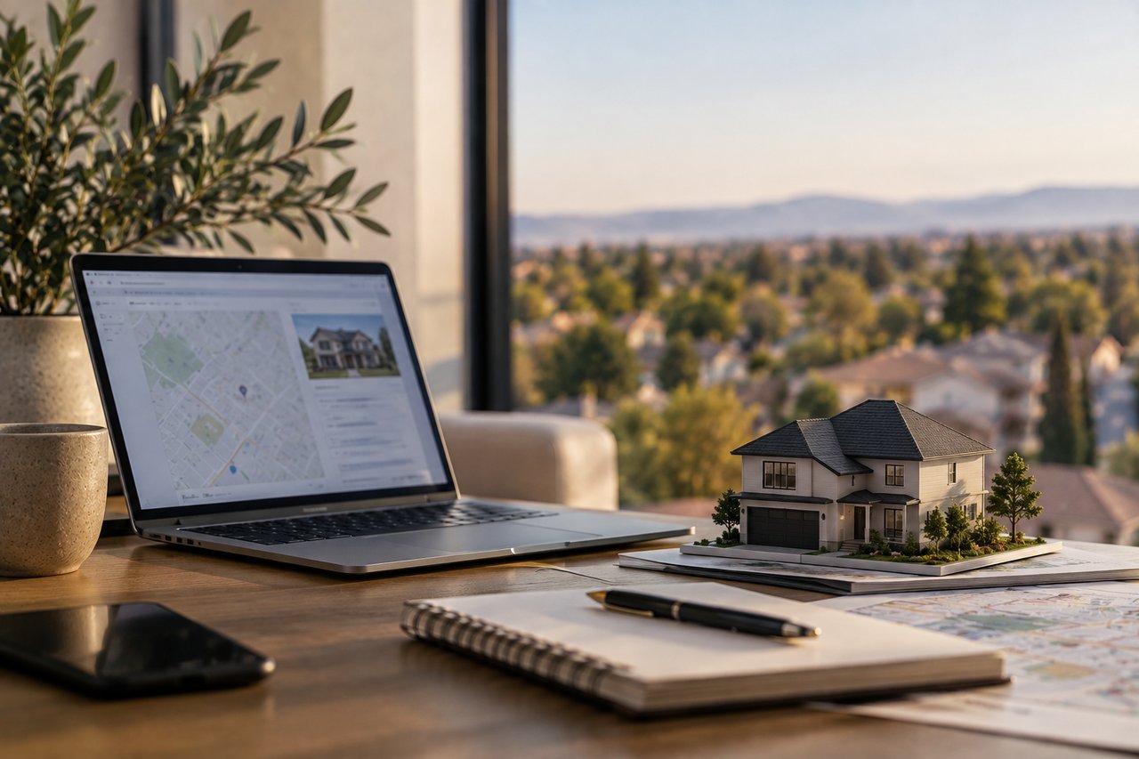 Desk with a property map on a laptop and a miniature house model overlooking a sunlit neighborhood.