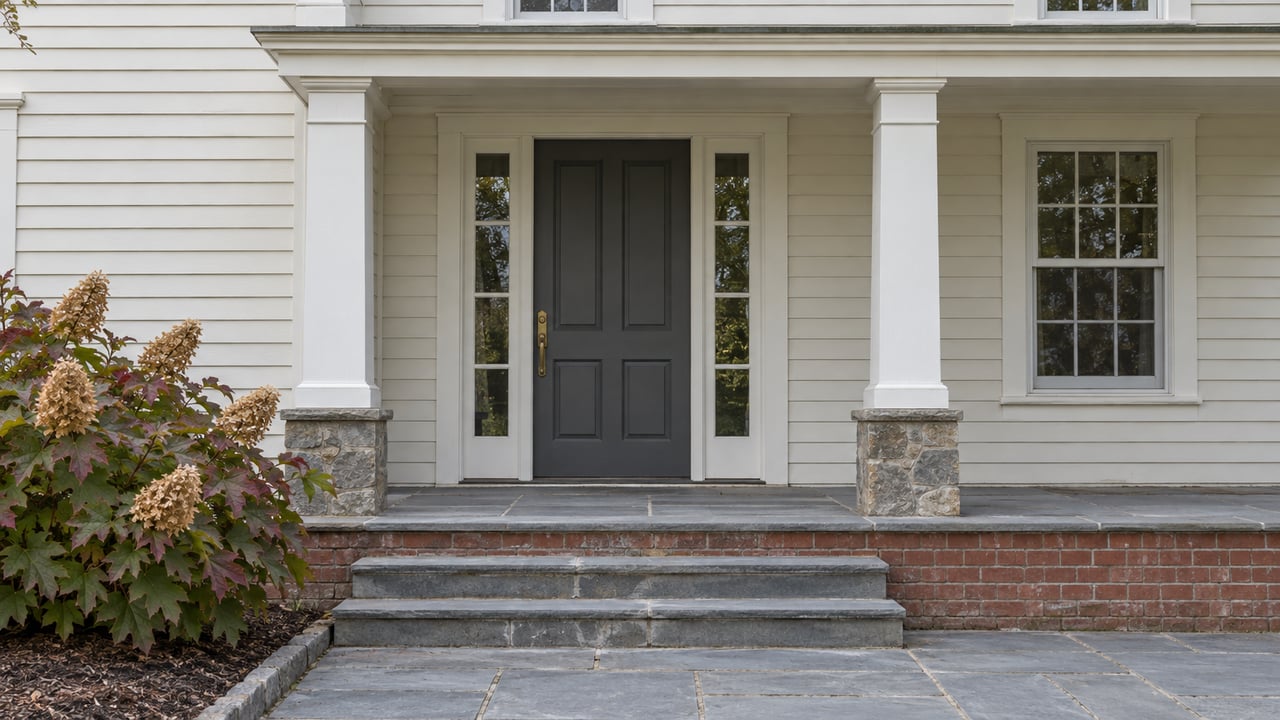 Cream clapboard home with a charcoal front door, paired sidelights, white porch columns, and bluestone steps beside an oakleaf hydrangea.