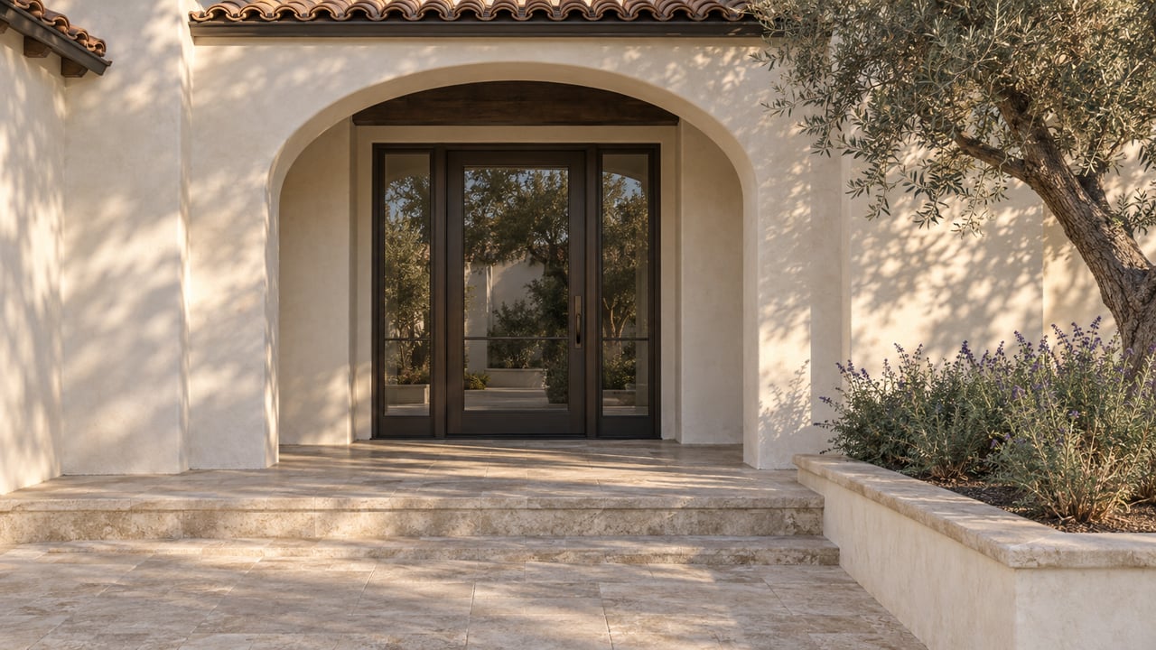 A pale stucco home's arched entrance with a closed bronze-framed glass door, limestone steps, and a mature olive tree in a masonry planting bed.