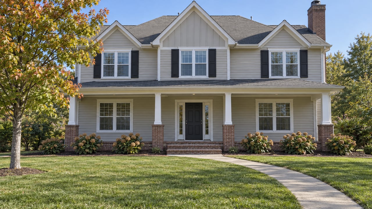 A pale-sided gabled home with a brick-based covered porch, deep front lawn, and curving concrete walkway in clear afternoon light.