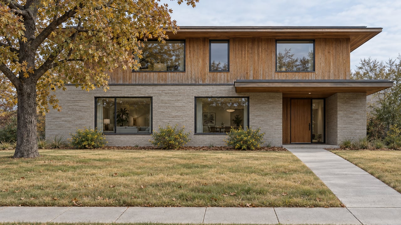 Contemporary wood-and-masonry home behind a deep autumn lawn, with an oak tree and a concrete path to a recessed entrance.