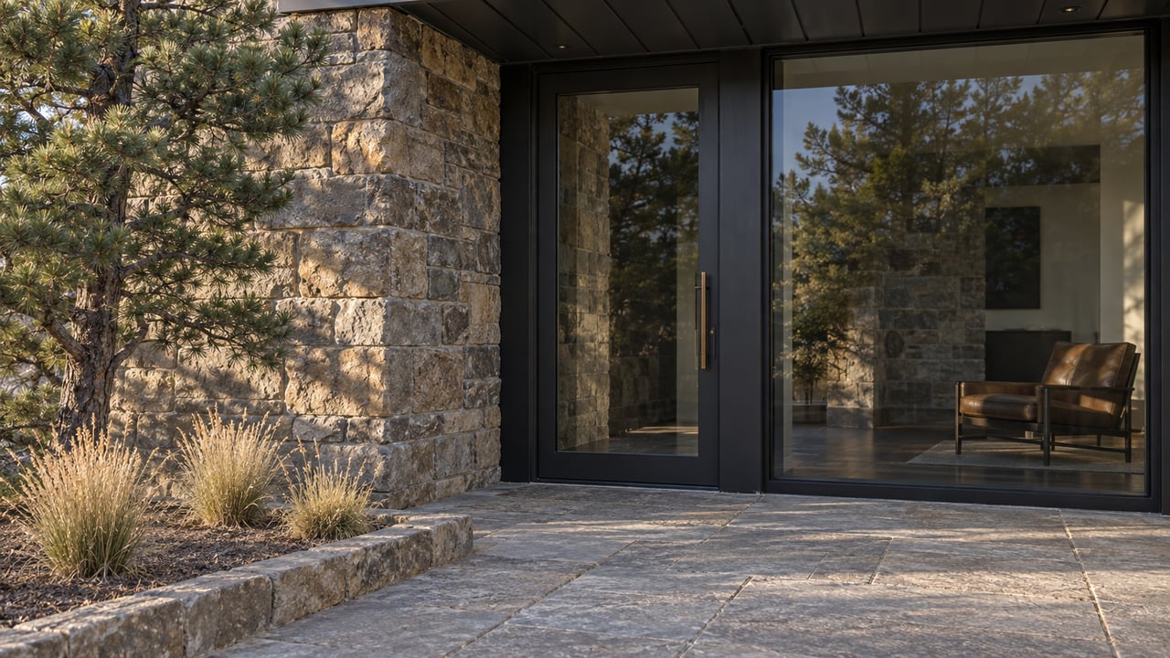 Modern home entrance with a black-framed glass door, stone facade, and paved terrace.