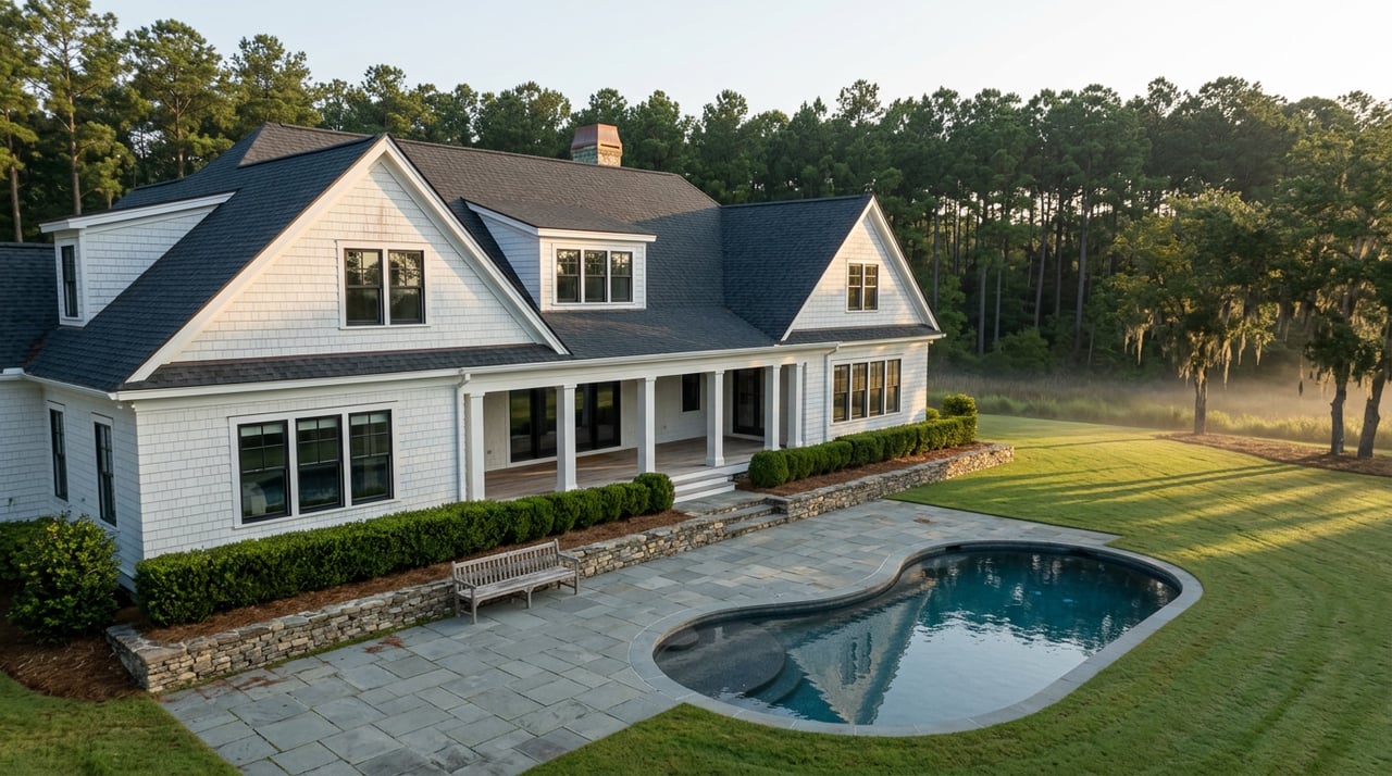 White-shingled estate, curved pool, bluestone terrace, misty lawn, marsh grass, and pine trees.