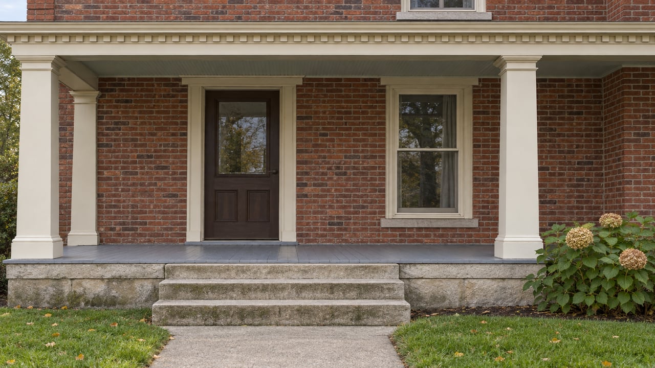 Historic red-brick house entry with cream timber porch columns, a dark wood door, and weathered limestone steps beside an autumn lawn.