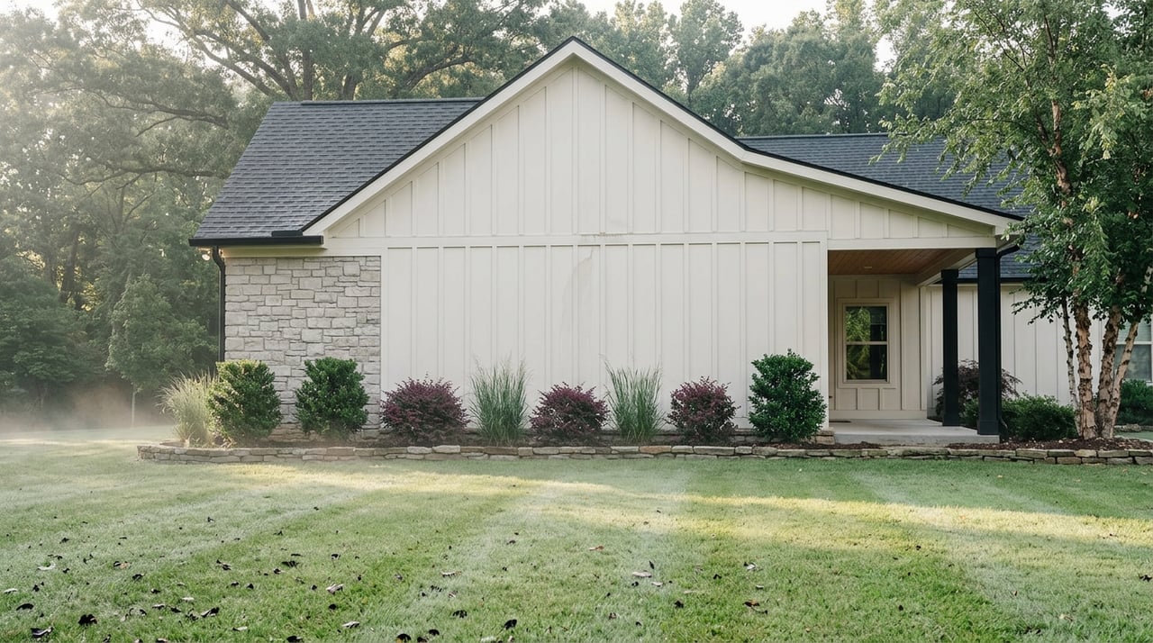 Off-white gabled house with stone veneer and covered porch beyond a misty lawn and landscaped garden.