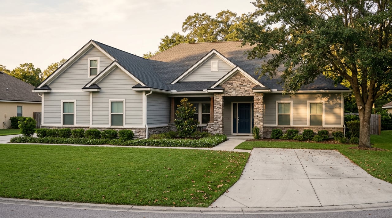 Gray-sided home with stone porch columns, navy door, broad lawn and live oak canopy.