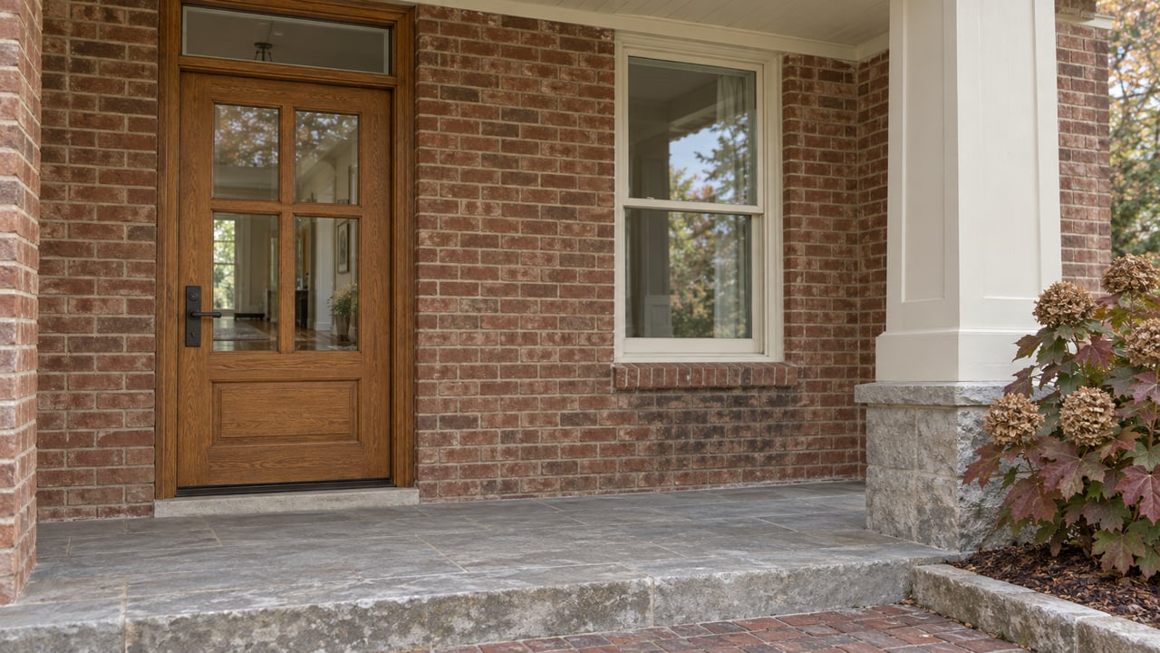A glazed oak front door and cream-trimmed window beneath a covered brick entry, with worn limestone paving and autumn oakleaf hydrangea.