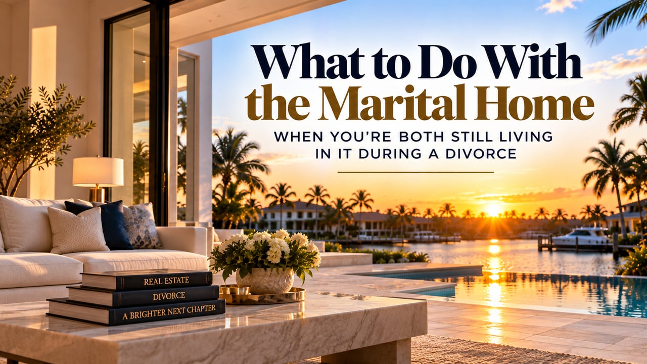 Luxury Southwest Florida waterfront home featuring an elegant living room, infinity pool, tropical palm trees, and sunset canal views, illustrating how divorcing couples can prepare, stage, and sell their marital home while both spouses continue living in the property during a Florida divorce.