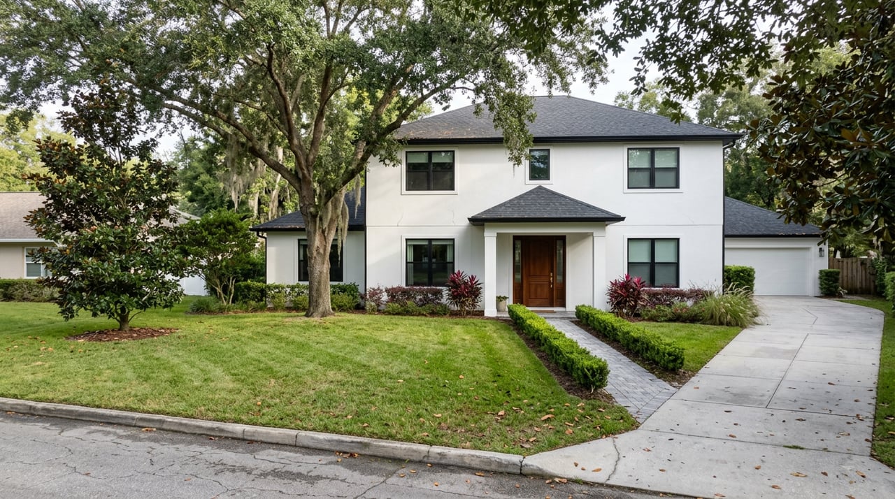 White stucco two-story home with a covered entry, paver walk, and mature oak draped in Spanish moss.