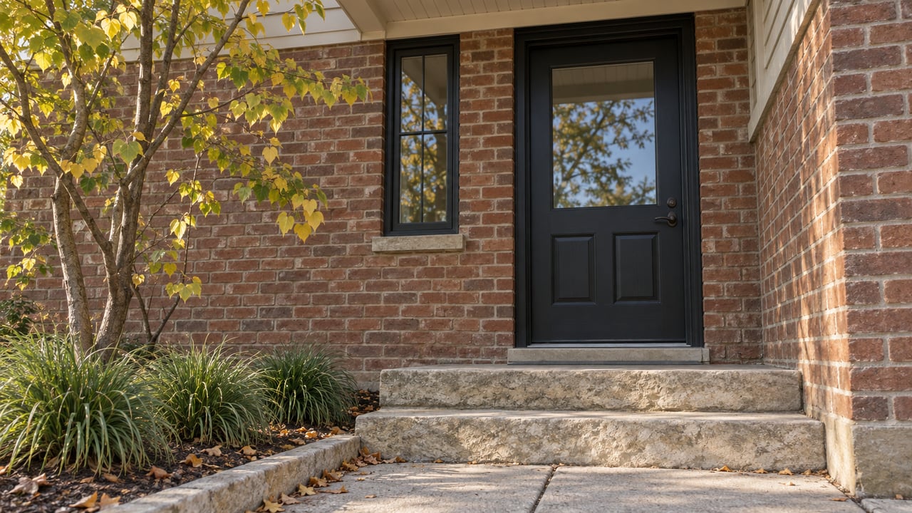 Recessed black front door beside a narrow casement window in a red-brown brick entry, with limestone steps and redbud leaves.