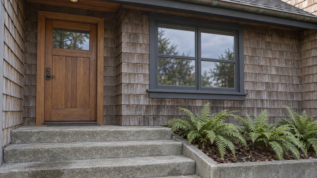 Cedar-shingled home entry with a fir door, divided-light window, weathered concrete steps and sword ferns.