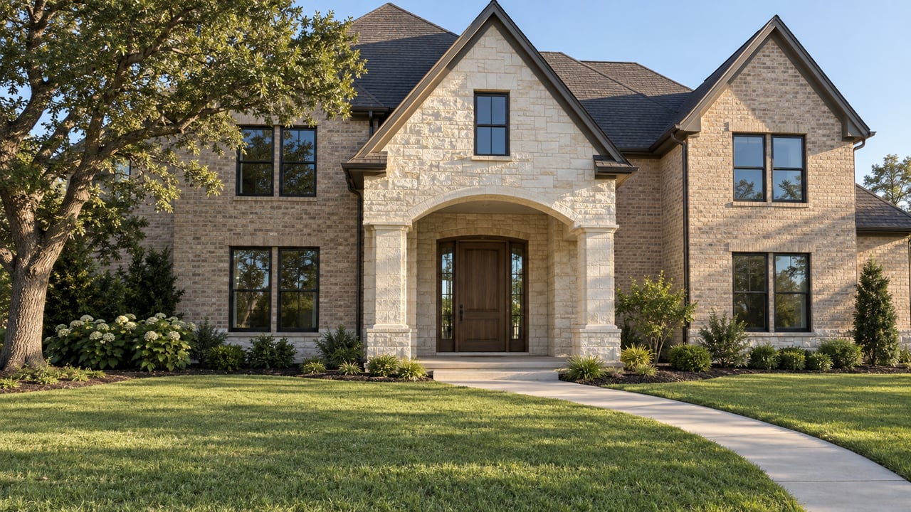 Afternoon sunlight on a substantial brick and limestone home with steep gables, dark windows, a covered entry and a deep green front lawn.