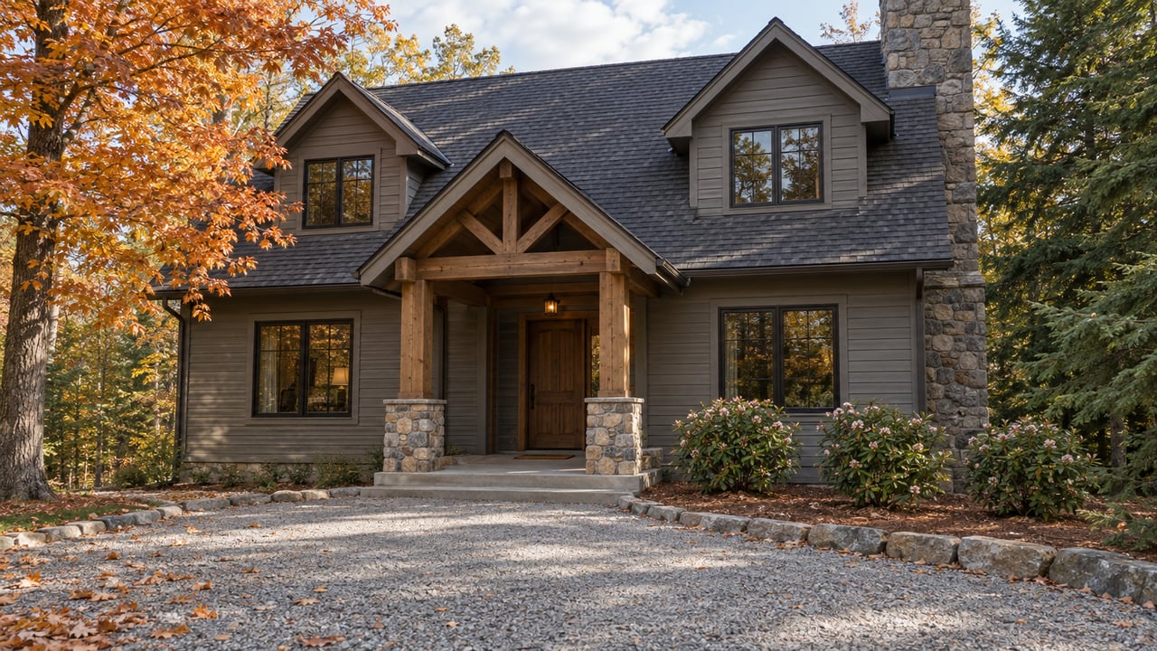 A gray-sided retreat with a stone chimney and covered timber porch beyond a broad stone approach, framed by copper maple leaves and a dark evergreen.