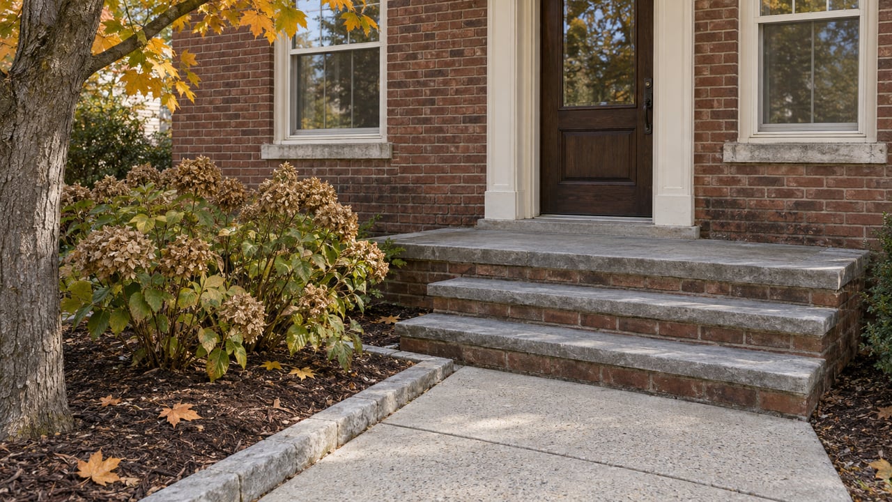 Brick house entry with limestone steps, cream-painted windows and an autumn garden beside the concrete walk.