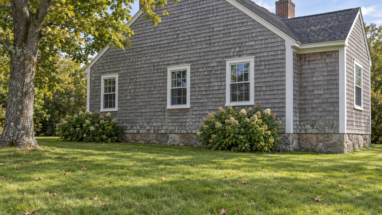 Weathered shingle house with white multi-pane windows, granite foundation, and lawn beneath a mature oak.