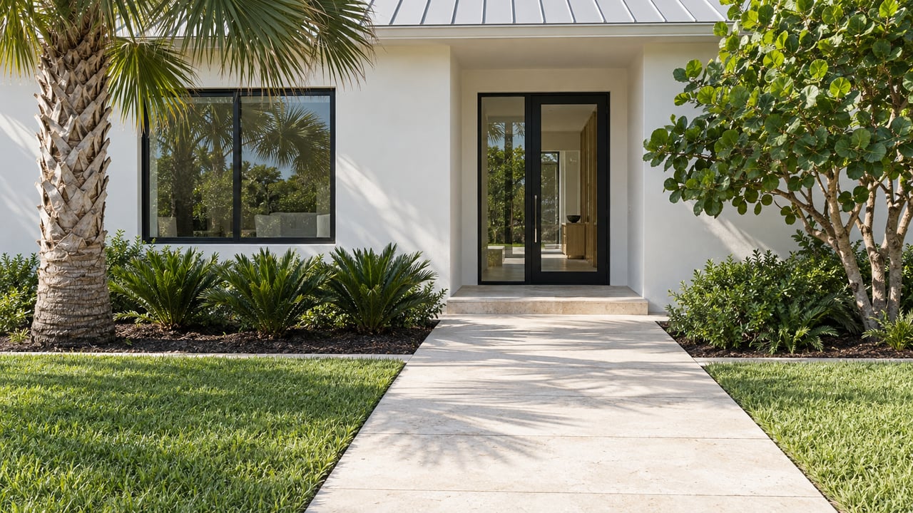 White-stucco home with black-framed glazing, an ivory limestone approach, and sculptural palm and sea-grape planting.