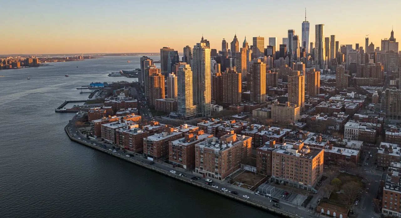 New York City skyline along the waterfront at sunset