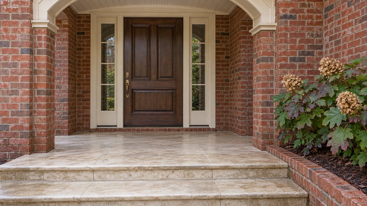 Rain-darkened red brick surrounds a sheltered oak front door with paired sidelights, pale stone steps and an oakleaf hydrangea.
