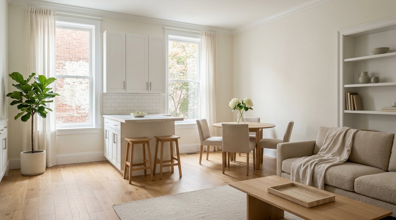 Condo living-dining room with compact kitchen, white millwork, warm oak, pale stone, and courtyard view.
